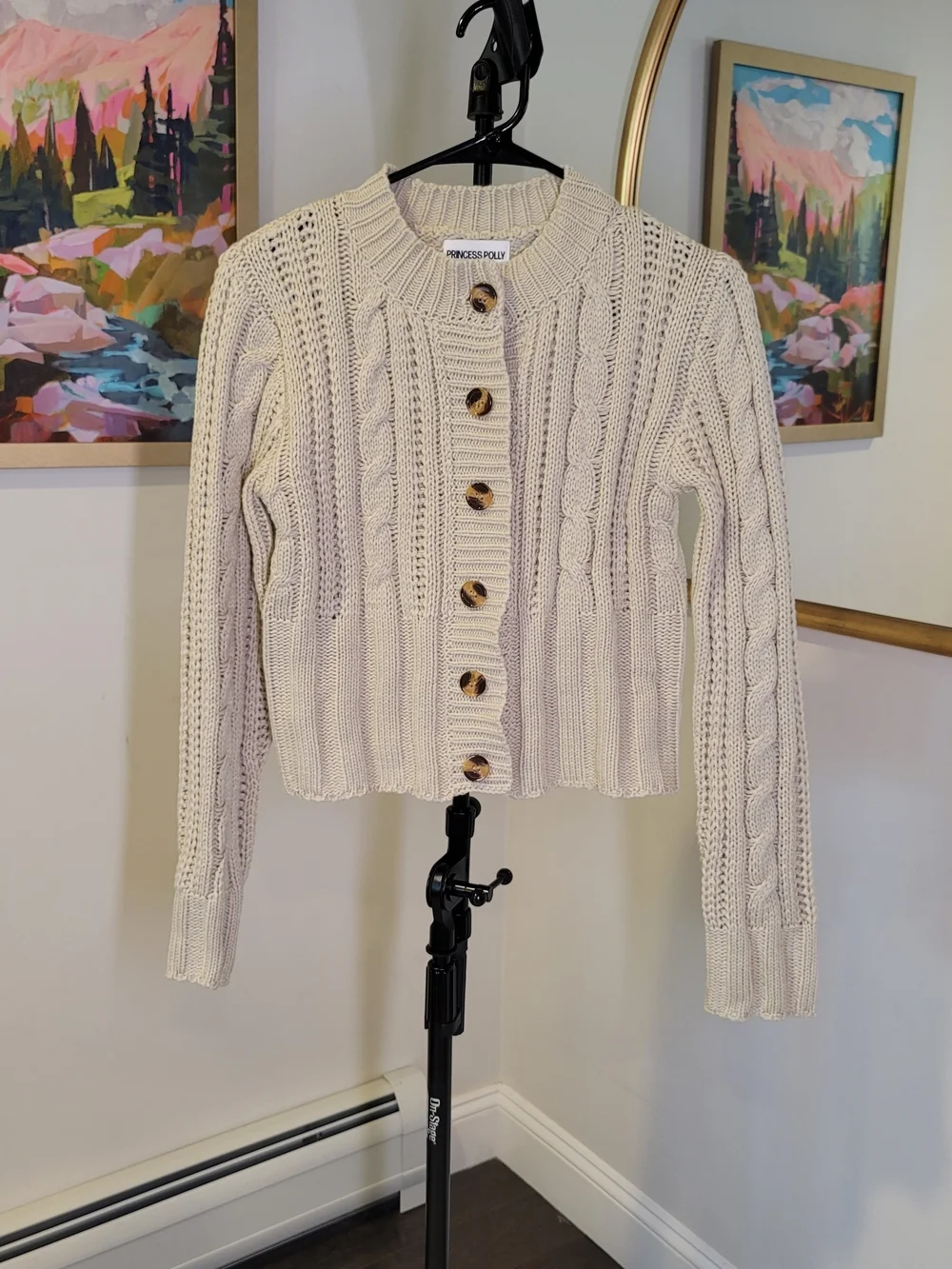 PRINCESS POLLY Donielle Cable Knit Cardigan Sweater Beige Women's Size XS/S
